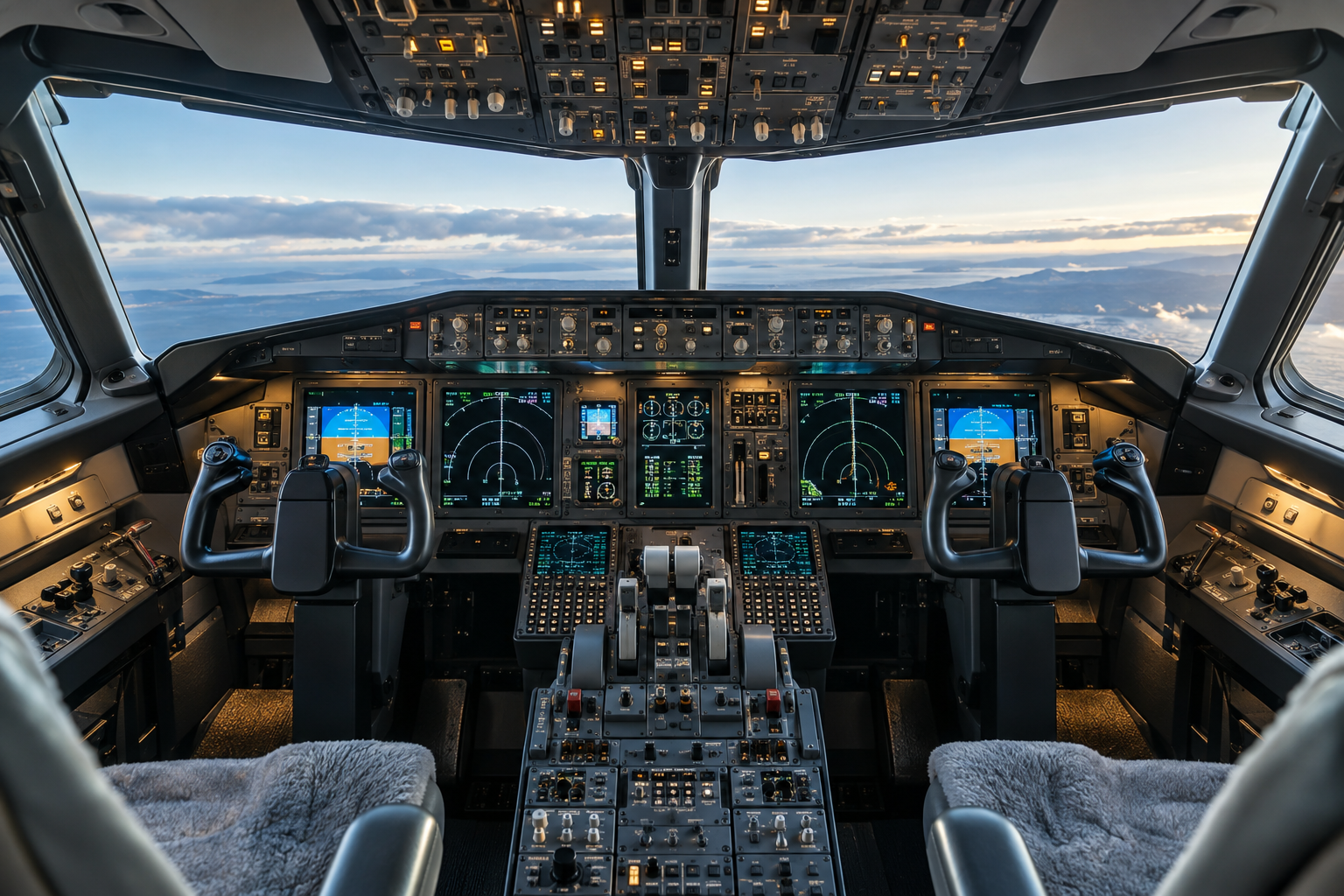 Modern aircraft cockpit controls and digital avionics displays