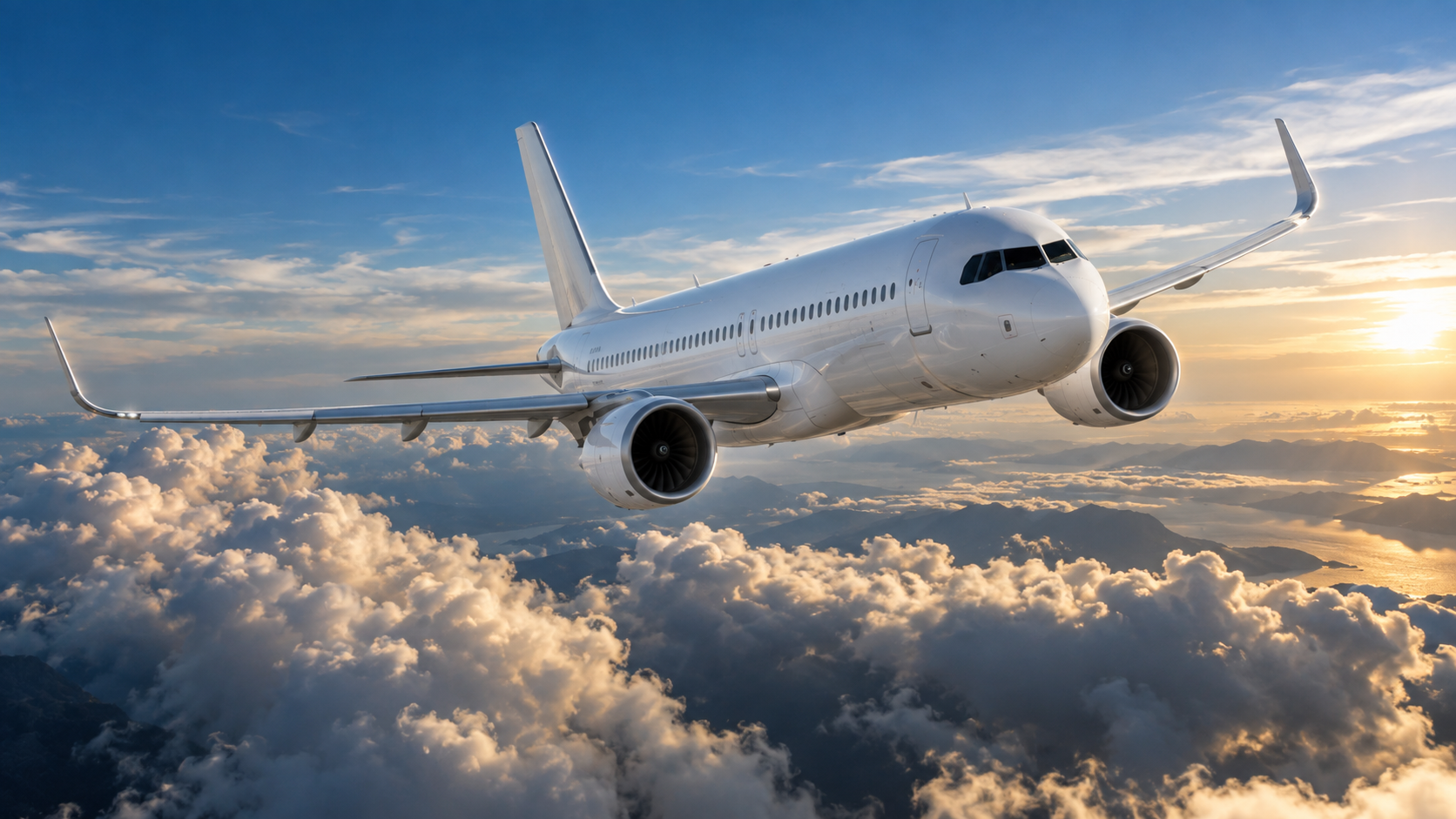 Modern commercial passenger aircraft flying above the clouds
