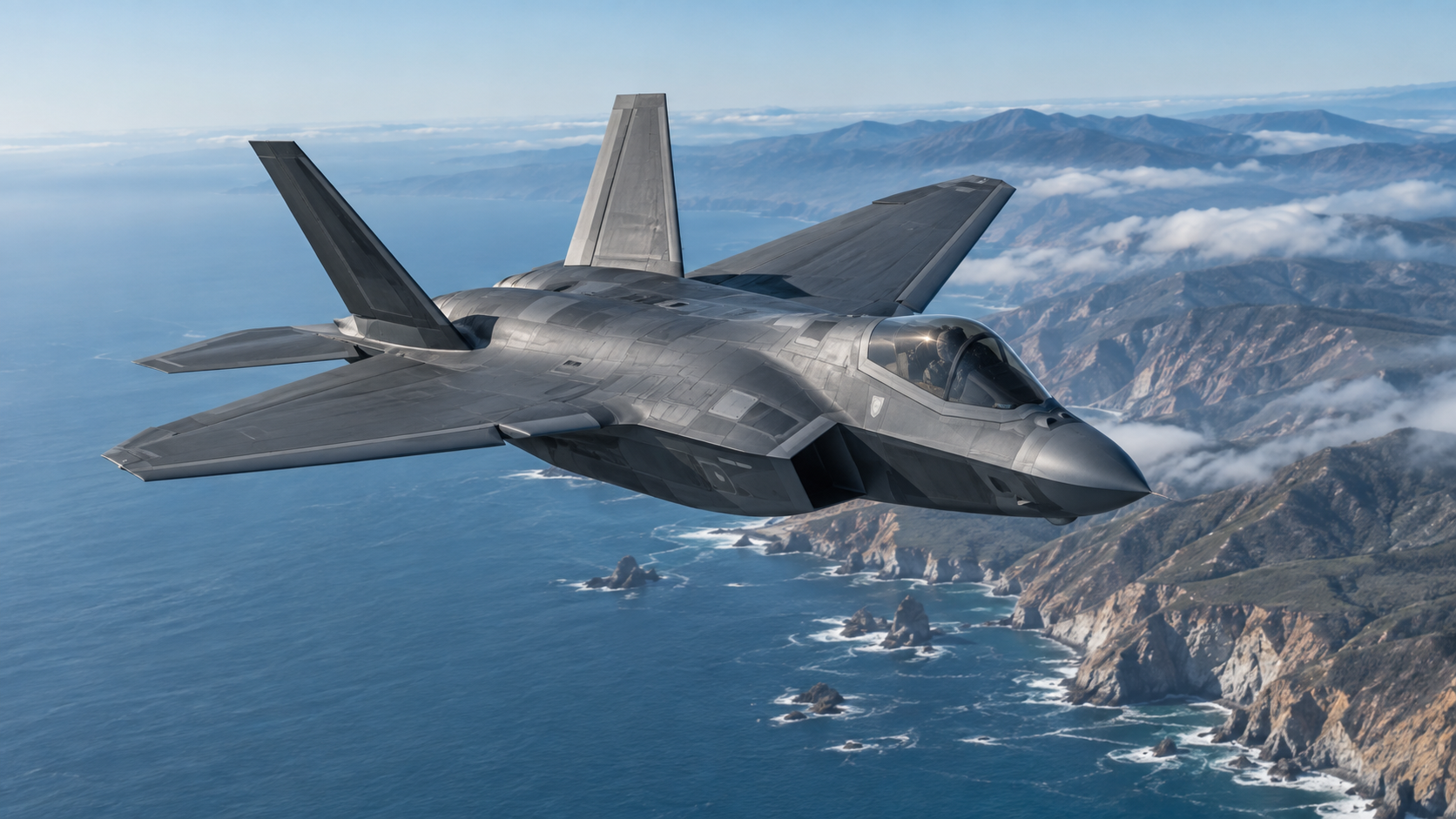 Modern military fighter aircraft flying above a coastline